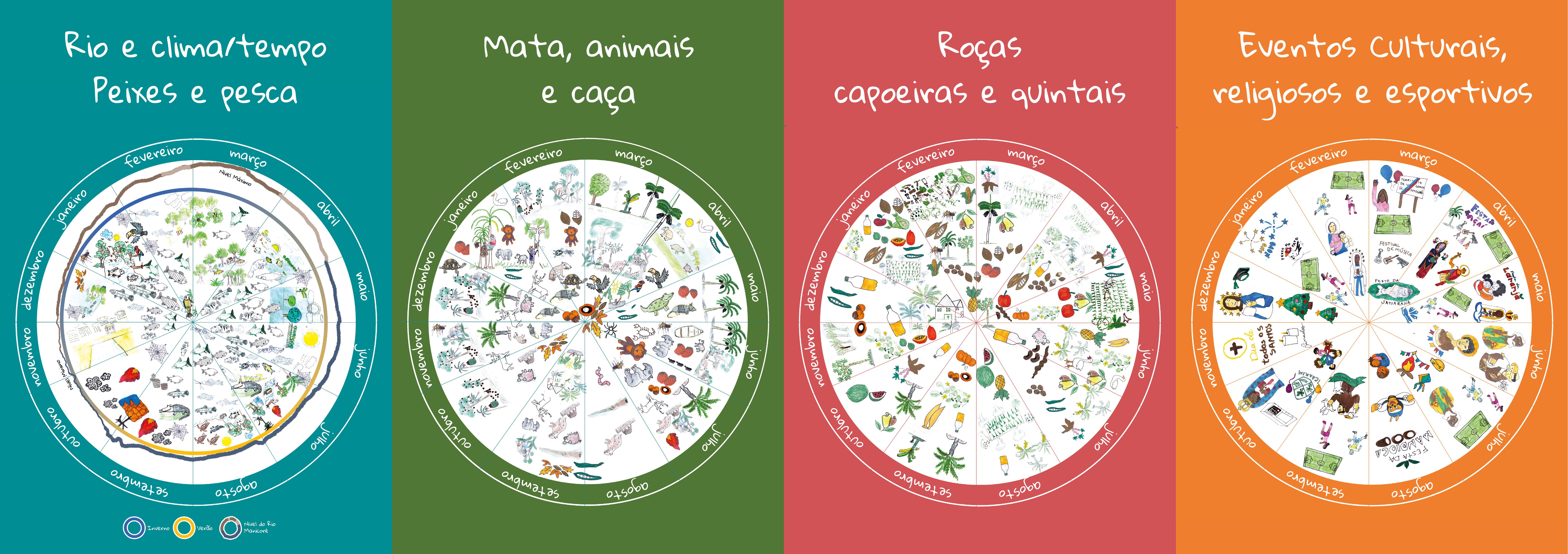 Quatro rodas do Calendário Agroecológico do Rio Manicoré, ilustradas à mão, representando Rio e pesca, Mata e caça, Roças e quintais e Eventos culturais ao longo dos doze meses do ano.